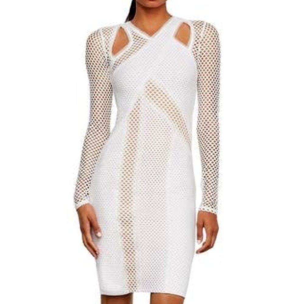 NWT BCBGMAXAZRIA Jaylynn Mesh Patchwork Sexy Dress Sz M | White - Picture 2 of 5